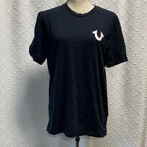 True Religion size Large Men's Black Short Sleeve Tee bold lettering on back
